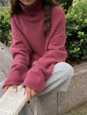 时尚百搭经典加厚卷边高领羊毛衫显瘦修身红色长袖毛衣，女装羊毛衫，圣旺供货