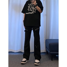 美式hiphop裤子高街vibe交叉绑带牛仔裤修身直筒微喇叭裤，男装牛仔裤，星座310A-4