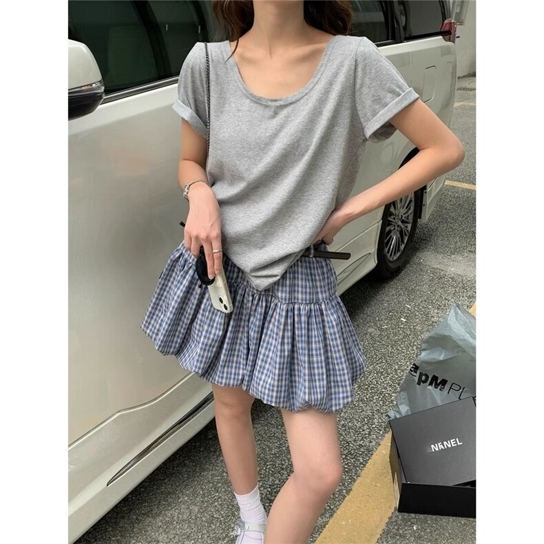 复古学院风格子配腰带花苞半身裙女夏季新款防走光格纹蓬蓬短裙子,女装半身裙,星座1210-1