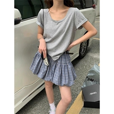 复古学院风格子配腰带花苞半身裙女夏季新款防走光格纹蓬蓬短裙子，女装半身裙，星座1210-1