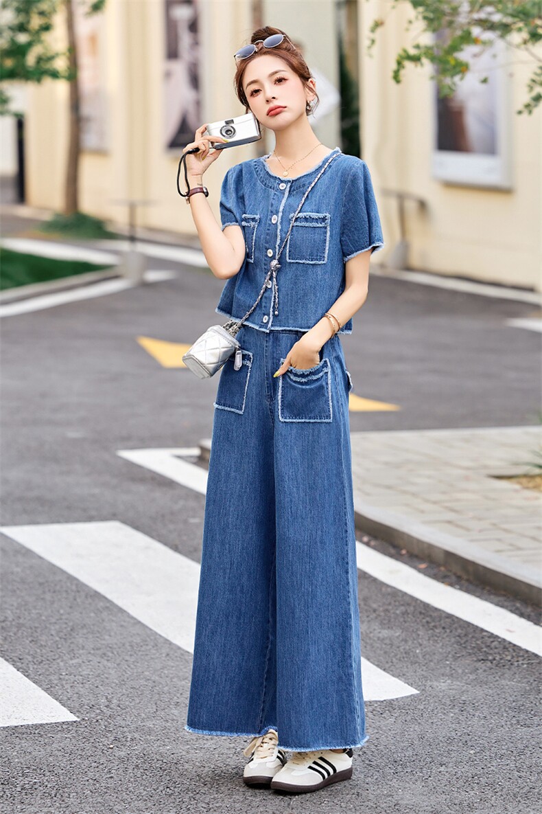 牛仔套装2025年夏季时尚气质休闲短袖上衣外套+阔腿长裤两件套女,女装套装/套裙,关键词