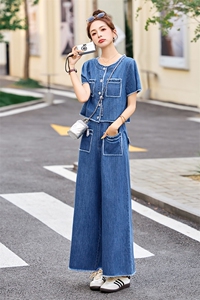 牛仔套装2025年夏季时尚气质休闲短袖上衣外套+阔腿长裤两件套女图片
