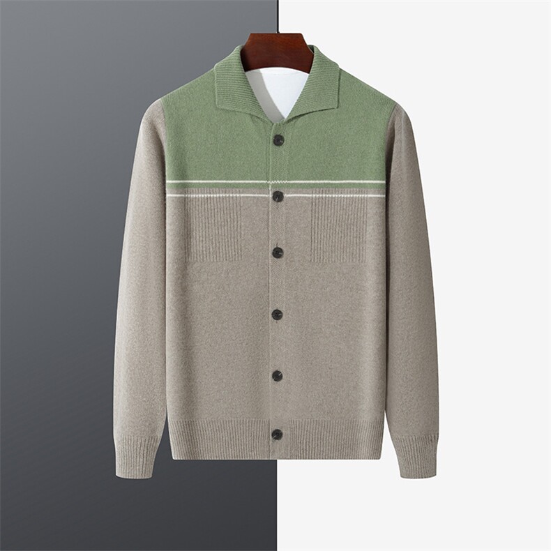 男士秋冬新款百搭都市休闲商务风拼色翻领羊毛开衫，男装羊毛衫，江杉羊绒