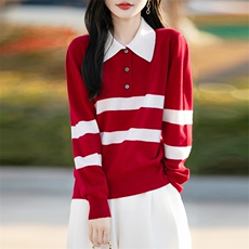 2025年春季时尚气质简约百搭条纹拼接针织衫，女装羊毛衫，哲奥羊绒