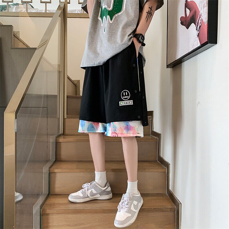 wassuphappy假两件排扣短裤子男士夏季潮牌休闲裤宽松运动五分裤,男装牛仔裤,星座417-1（原电商B245）