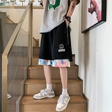 wassuphappy假两件排扣短裤子男士夏季潮牌休闲裤宽松运动五分裤，男装牛仔裤，星座417-1（原电商B245）