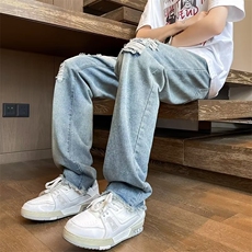 美式高街夏季破洞补丁假破洞牛仔裤男宽松直筒显瘦百搭长裤ins潮，男装牛仔裤，星座410-7