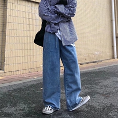 复古阔腿裤子男女美式高街hiphop纯色拖地牛仔裤男宽松直筒裤男女，男装牛仔裤，星座601-2