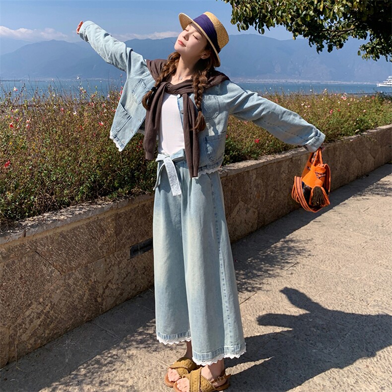 复古蕾丝花边牛仔套装女2025春季新款甜酷风休闲外套阔腿裤两件套,女装套装/套裙,2C239