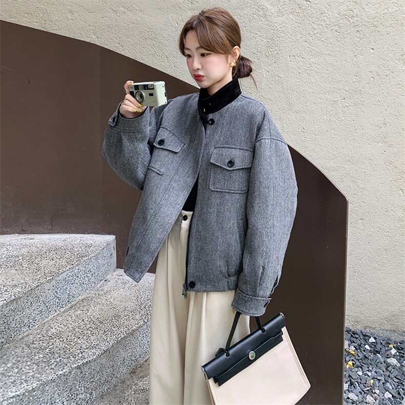 现货：冬装新款复古韩系撞色毛呢羽绒服2C135-8927P285K428,女装羽绒服,2C135