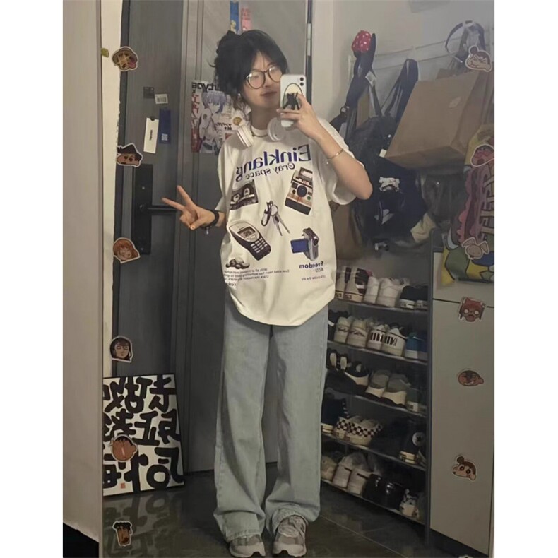 美式复古白色短袖t恤女宽松夏季小众设计感学生半袖上衣DTX673,男装T恤,星座208-5