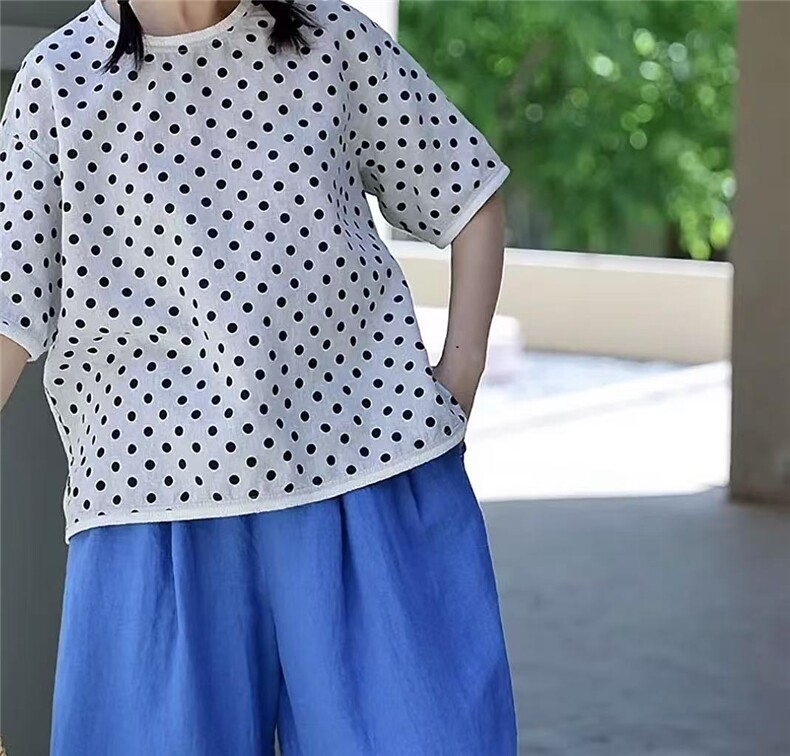 夏季雨露汉亚麻波点短袖衬衫圆领百搭显瘦透气舒适宽松上衣,女装T恤,鑫萬耀羊绒