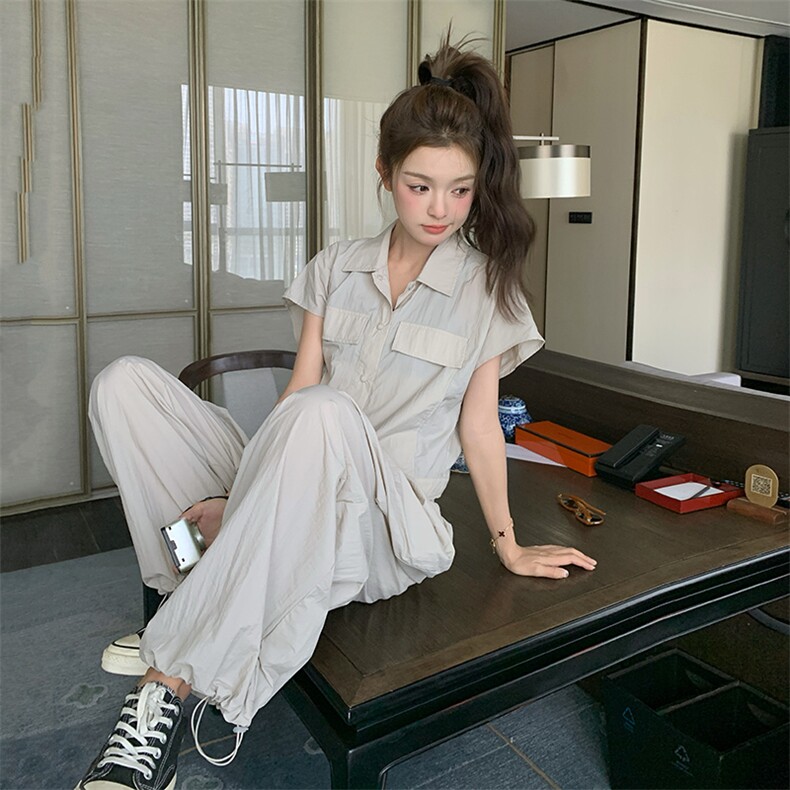 高级感炸街甜酷工装短袖套装女2025夏季新款时尚拖地阔腿裤两件套,女装套装/套裙,纯色衣恋
