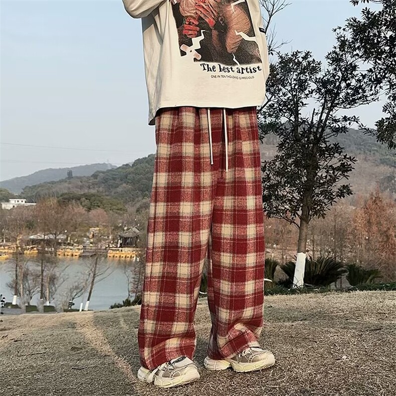 红色毛呢格子卫裤男款美式复古加绒加厚宽松情侣直筒阔腿裤子秋冬,男装休闲裤,星座1116-2