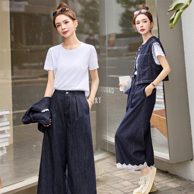 牛仔套装女2025夏季新款韩系小香风蕾丝无袖背心九分裤穿搭一整套,女装套装/套裙,贵人树