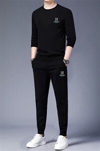 男士春秋季新款套装薄款长袖圆领刺绣卫衣中年潮流休闲长裤两件套图片