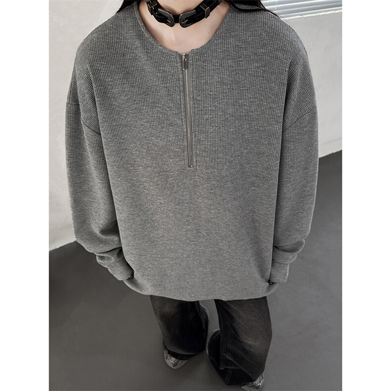 主推 美式半拉华夫格纯色长袖T恤卫衣中性打底衫男女 H975特P28图片