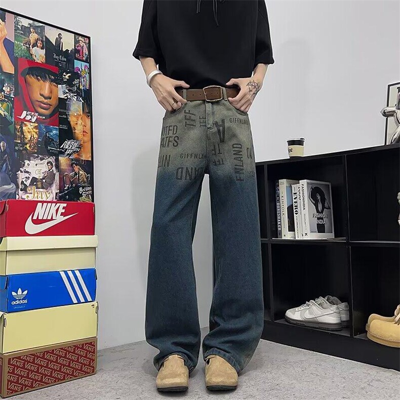 2025新款渐变色牛仔裤男直筒宽松设计感小众裤子现货K8566-P40，男装牛仔裤，星座512-3