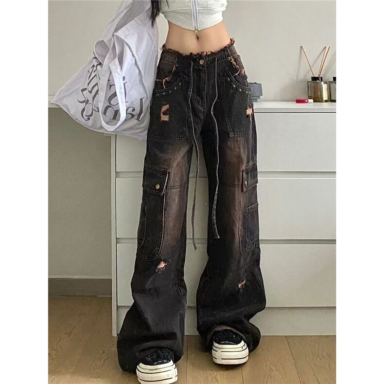 毛边黑粉潮流牛仔裤女百搭新款美式高街复古高腰宽松直筒阔腿韩版,男装牛仔裤,星座1210-1