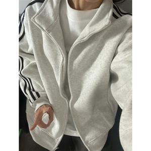CW35LL-特P43  三条杠花灰色外套男高级感痞帅立领卫衣夹克图片