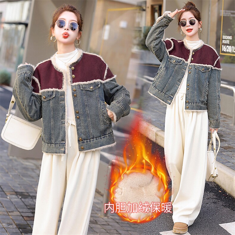 现货2024冬装新款仿真水貂皮毛一体牛仔拼接撞色时尚圆领上衣外套，女装皮草，木子恋