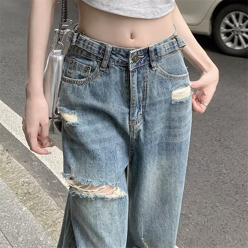 大码美式复古破洞直筒牛仔裤女高腰显瘦宽松阔腿拖地裤XN32-P45，女装牛仔裤，星座1008