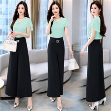 2023年夏季时尚潮流荷叶边拼接上衣+休闲阔腿裤两件套，女装套装/套裙，时尚俏佳人