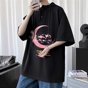 LD54209-P45 连帽短袖t恤男大码胖子带帽五分袖中袖图片