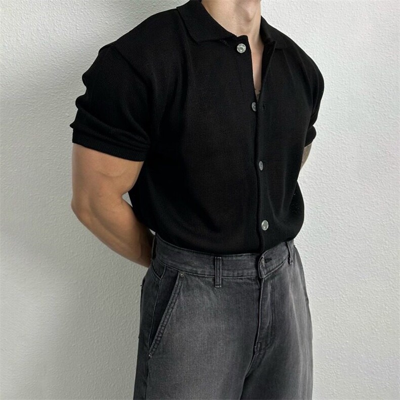 夏季冰丝凉感POLO领开衫T恤轻奢风条纹针织衫潮男透气宽松,男装T恤,星座506A