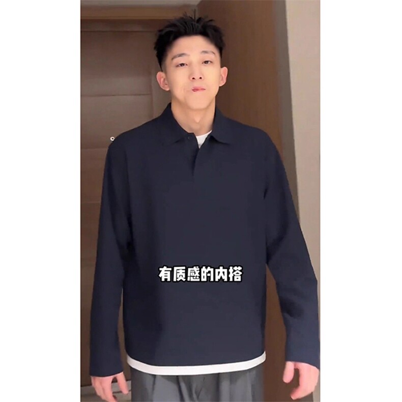 抖音得物高品质二开230克精梳珠地光版纯色宽松长袖T恤翻领POLO衫,男装T恤,电商A443