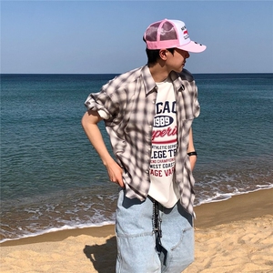 美式格纹短袖衬衫男女夏季潮牌宽松衬衣休闲情侣防晒外套927P45图片