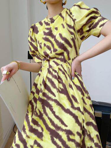现货##黄底斑马纹高腰连衣裙，女装连衣裙，LION&CAT(2F)