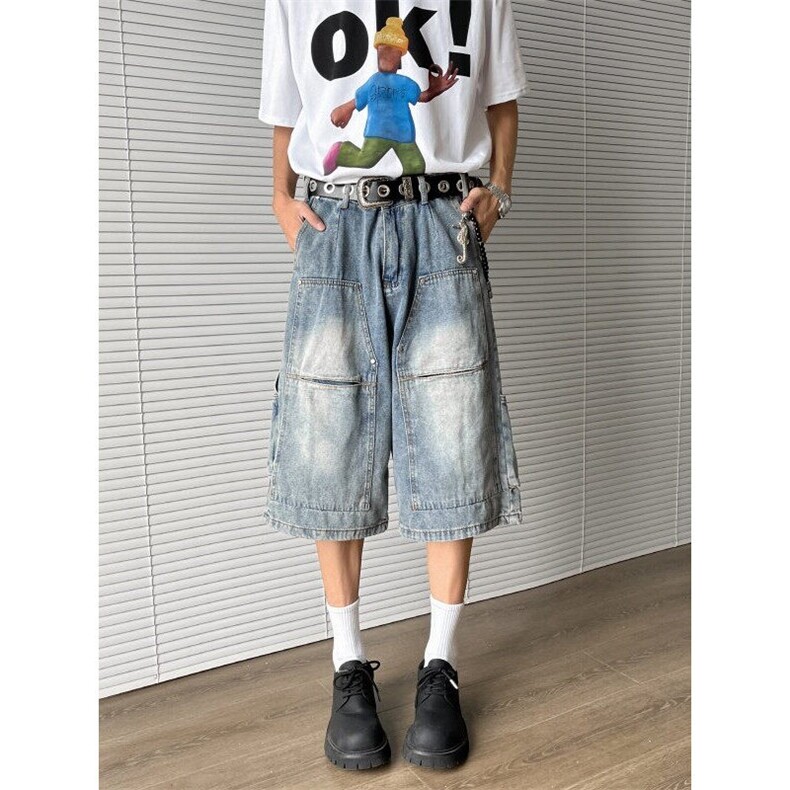 美式复古水洗工装牛仔短裤夏季新款宽松休闲直筒短裤，男装牛仔裤，星座410-6（原星座1304-1）