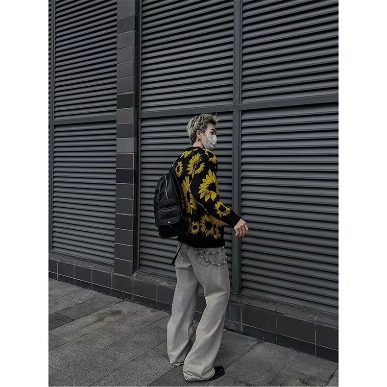 日系复古向日葵植绒毛衣慵懒高级感男女bf潮牌针织衫秋情侣装,男装针织衫/毛衣,星座716-4