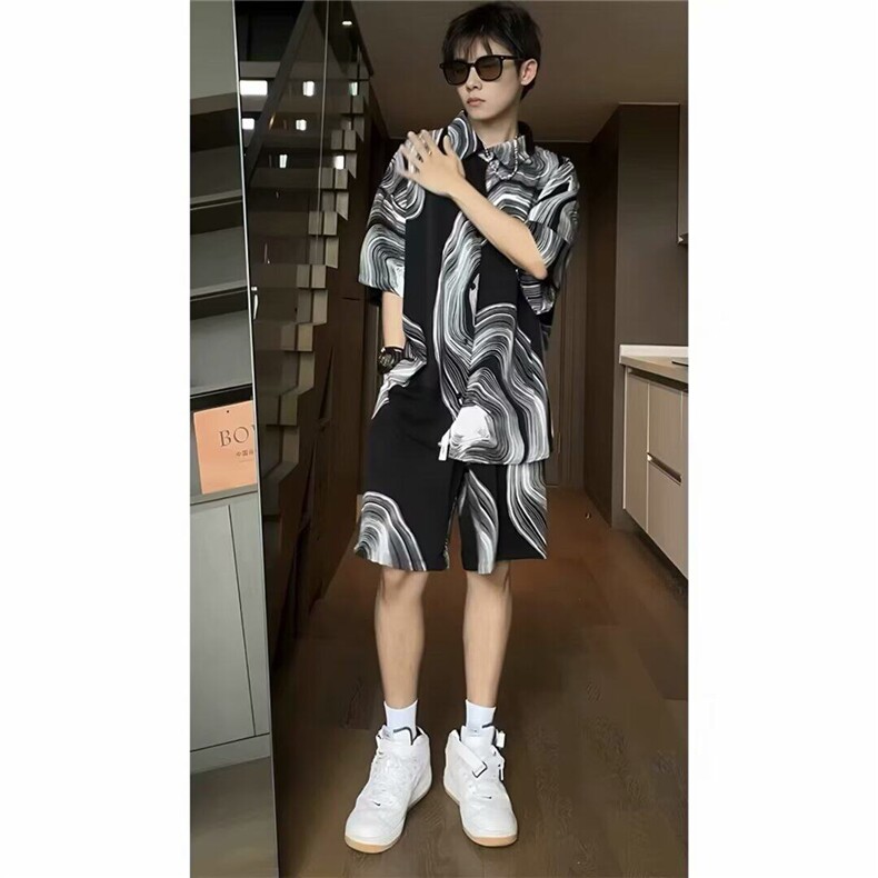 夏季凉感垂感2025新款短袖衬衫五分短裤两件套装男女潮痞帅套装,男装休闲裤,星座506A