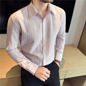肌理纹仿麻棉质感条纹长袖衬衫男商务休闲抗皱衬衣蓝色C9911-P67图片