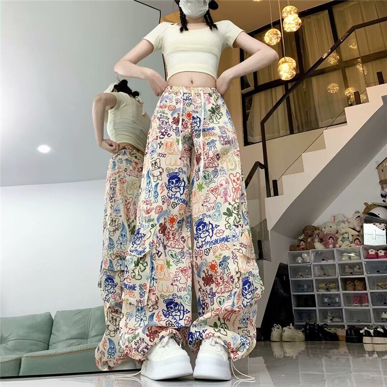 美式涂鸦印花休闲裤女春夏新款设计感高腰爵士跳舞工装垂感拖地裤,女装休闲裤,星座506A
