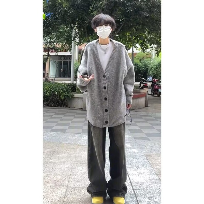 日韩系潮流大V领扣子开衫毛衣男女休闲针织开衫外套6012-P52网图,男装针织衫/毛衣,电商B245