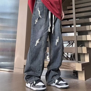 浅蓝色破洞牛仔裤男夏季薄款松紧腰微喇裤大码垂坠感宽松直筒裤子图片