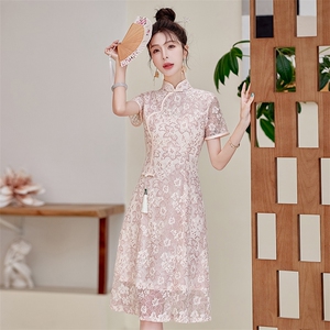 中式蕾丝连衣裙女夏季新款国风刺绣奥黛长裙气质修身改良日常旗袍图片