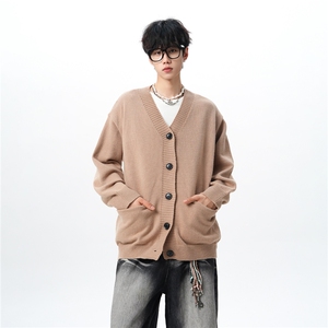 8XL-M大码V领开衫毛衣外套男日系复古宽松慵懒风针织衫KS002p55图片