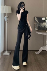 时尚气质减龄套装女夏新款圆领短袖假两件上衣修身显瘦长裤两件套，女装套装/套裙，江南