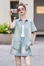 欧货夏天复古牛仔衬衫短裤套装潮2025新款女小个子休闲减龄两件套，女装套装/套裙，艾仟回(原伊仟回)
