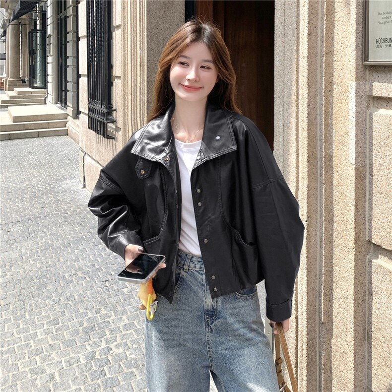 美式短款棕色机车服外套女春秋2025超火好看高级小众皮衣夹克上衣,女装皮衣,2C090