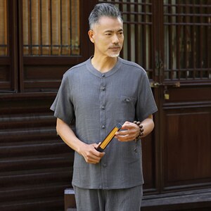 ACB801男士夏季新款休闲短袖衬衣修身风棉麻唐装衬衫P65图片