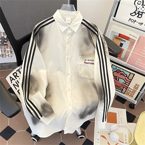 美式复古脏染做旧条纹拼接宽松休闲长袖衬衫男衬衣外套CY1051-P40