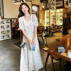 【现货夏装】方领收腰彩色波点棉麻连衣裙女2C158-8395-P110-K168图片