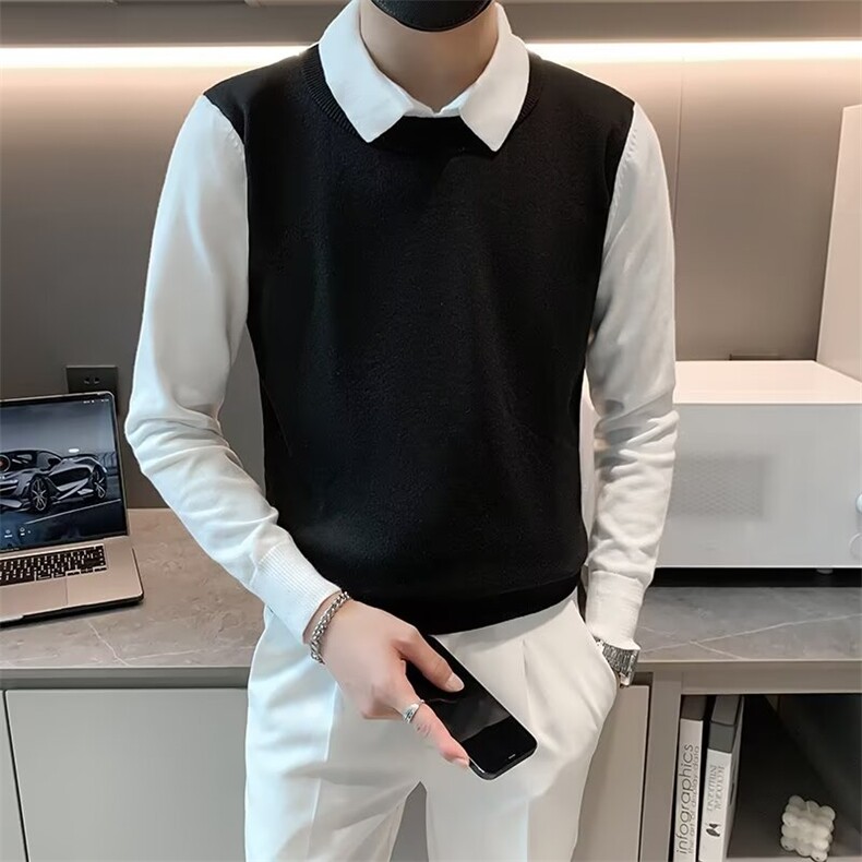 长袖翻领青少年休闲秋季假两件衬衫领毛衣男套头春季修身S575/P52,男装针织衫/毛衣,星座506