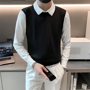 长袖翻领青少年休闲秋季假两件衬衫领毛衣男套头春季修身S575/P52图片