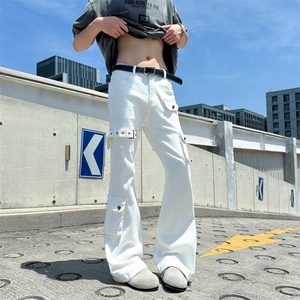 美式vibe绑带牛仔裤男修身高腰阔腿微喇工装裤高级感显高显瘦长裤图片